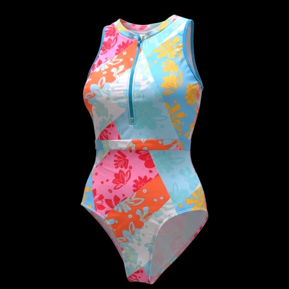 SHEIN Womens Floral Patchwork Zip Front One Piece Swimsuit Multicolor Size L NEW